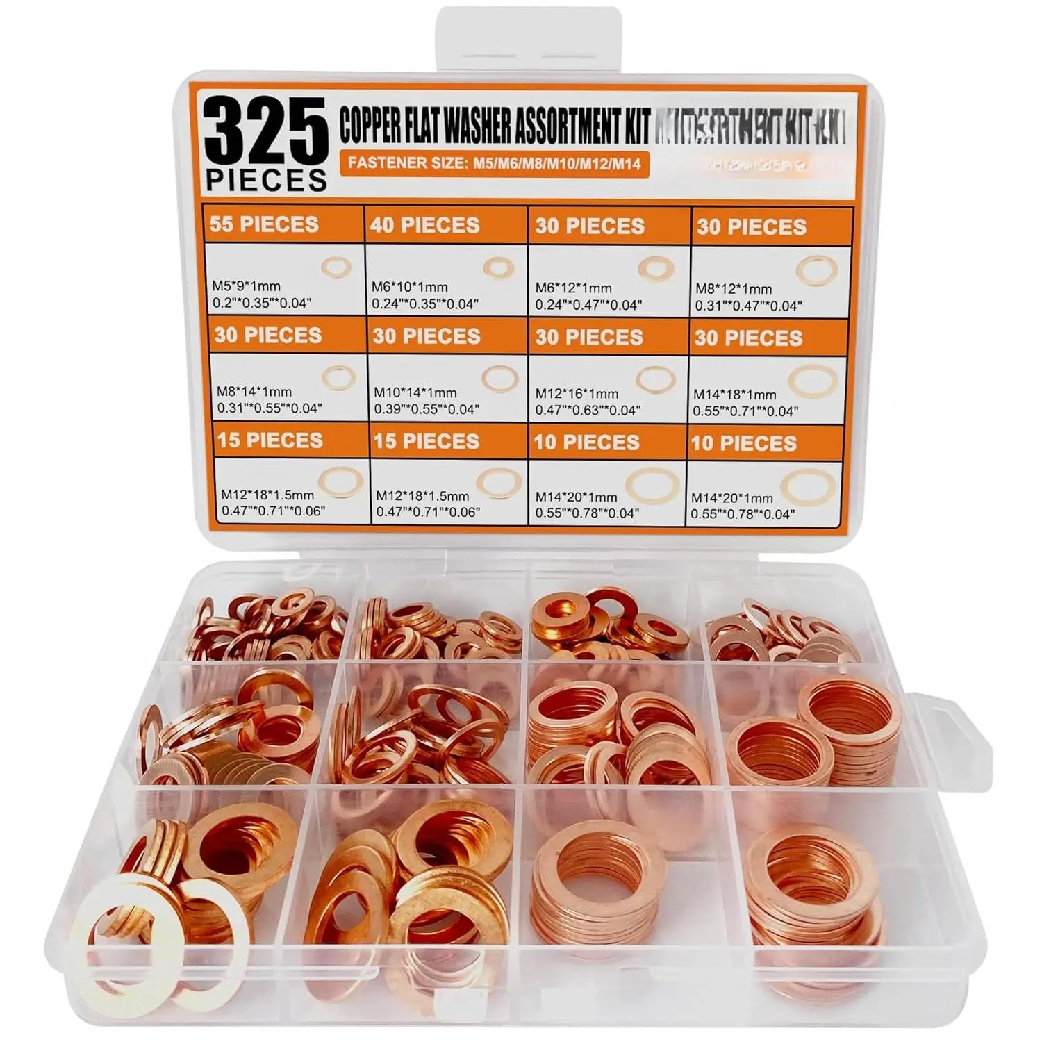 325 count, 10 Sizes,  Copper Metric Sealing Crush Washers Assortment Kit, Upgraded Flat Ring Oil Drain Plug Crush Washer Gasket Seal Assortment Set, Banjo Bolt Washer for Automotive,