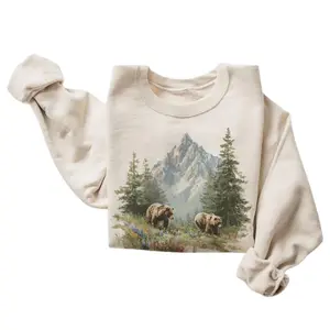 The Retro Grizzly Bears Summer Wildflower Scene Sweatshirt, 90s Bear Mountain Nature Gift,  Boho Unisex Crewneck Sweatshirt, Menswear Top, Womenswear Top Underwear Streetwear