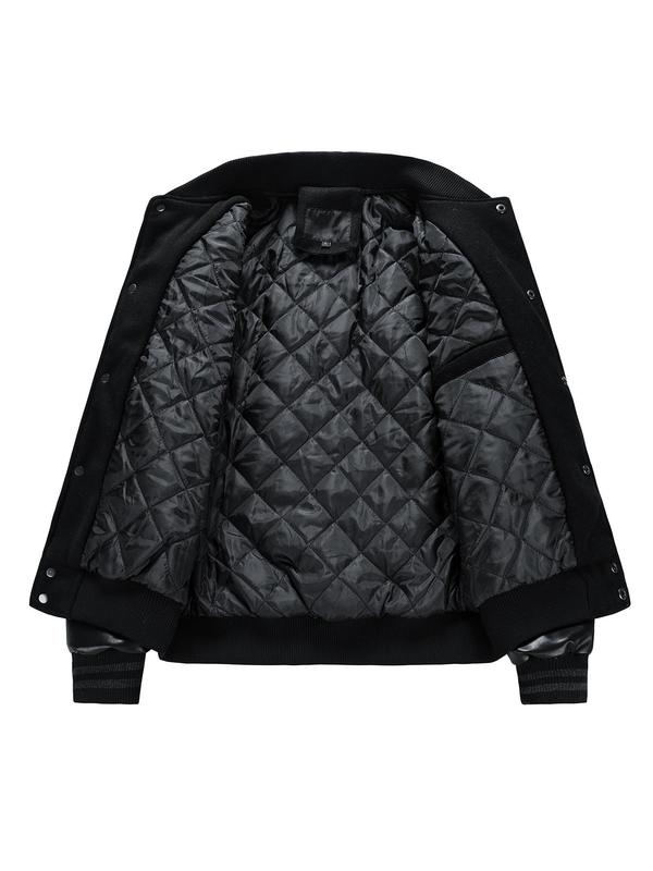 Men's Letter Patched Pocket Button Front Varsity Jacket, Casual Regular Fit Long Sleeve Stand Collar PU Leather Jacket Coat for Fall Winter