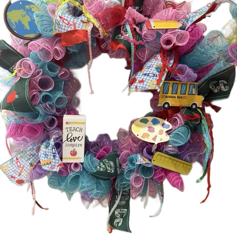 Teacher Wreaths with Colorful Decorations and Inspirational Elements for Classroom and Home Decor