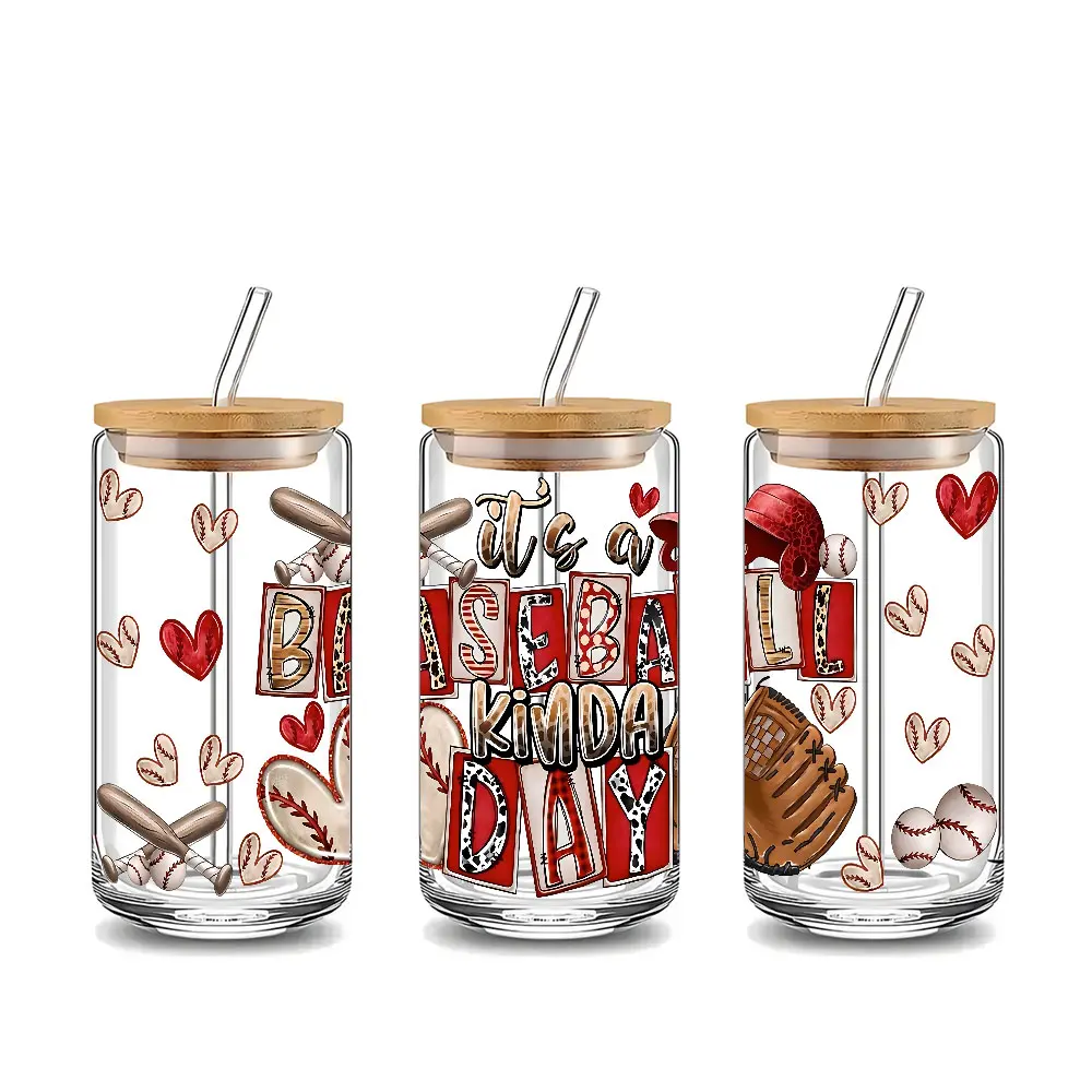 Minimalist It's A Baseball Kind of Day Design 16oz Glass Water Cup with Lid and Straw, Bamboo Lid Reusable Glass Drinking Cup, Glass Jar Design, Suitable for Iced Coffee, Beer, Juice, Cold Drink Glass Cups, Tumbler, Drinkware