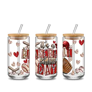 Minimalist It’s A Baseball Kind of Day Design 16oz Glass Water Cup with Lid and Straw, Bamboo Lid Reusable Glass Drinking Cup, High-Quality Glass Jar Design, Suitable for Iced Coffee, Beer, Juice, Milk, Cold Drink Glass Cups, Fashionable Glassware