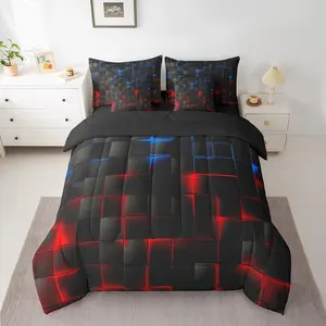 Feelyou 7-Piece Geometric Bedding Set - Modern Bed-in-a-Bag with Lightweight Comforter, Sheets, Available in Red, Blue, Black