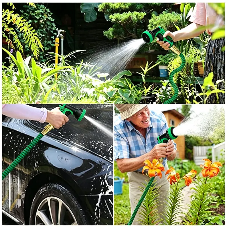 100FT Expandable Flexible Outdoor Garden Hose with 10-Function Spray Gun, Thick Latex Inner Tube, 4X Heavy-Duty Kink-Free Brass Fittings, Tight Seal, Retractable, Year-Round Durability, for Yard, Car Wash (Garden Hoses & Reels)