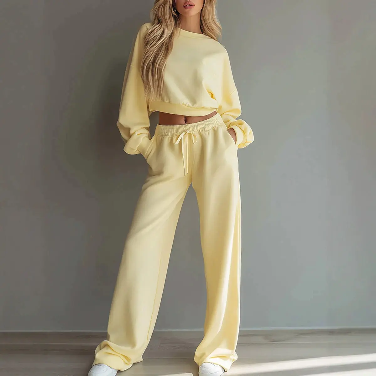 Women's 2-Piece 2026 New Autumn-Winter Minimalist Solid Plain Relaxed Cut Long-Sleeve Sweatshirt & Wide-Leg Pants Set Combo, Everyday Casual Pants + Tee Alternative Outfit