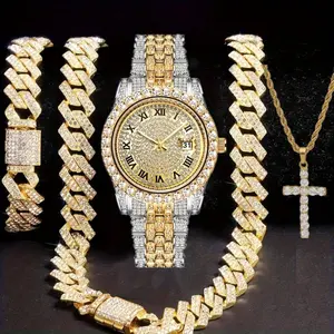 4 PCs Set Men's Hip Hop Shiny Suit: Diamond Gold Quartz Strap, 14mm Cuban Link Chain Necklace & Bracelet, Cross Pendant-Luxury Jewelry Gift