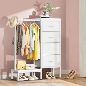 Heavy Duty Metal Frame Storage Shelf – 4-Drawer Dresser with Hanging Rail, Open Shelf, Fabric Drawers – Multi-Purpose Organizer for Bedroom & Entryway – 4 Compartments, White
