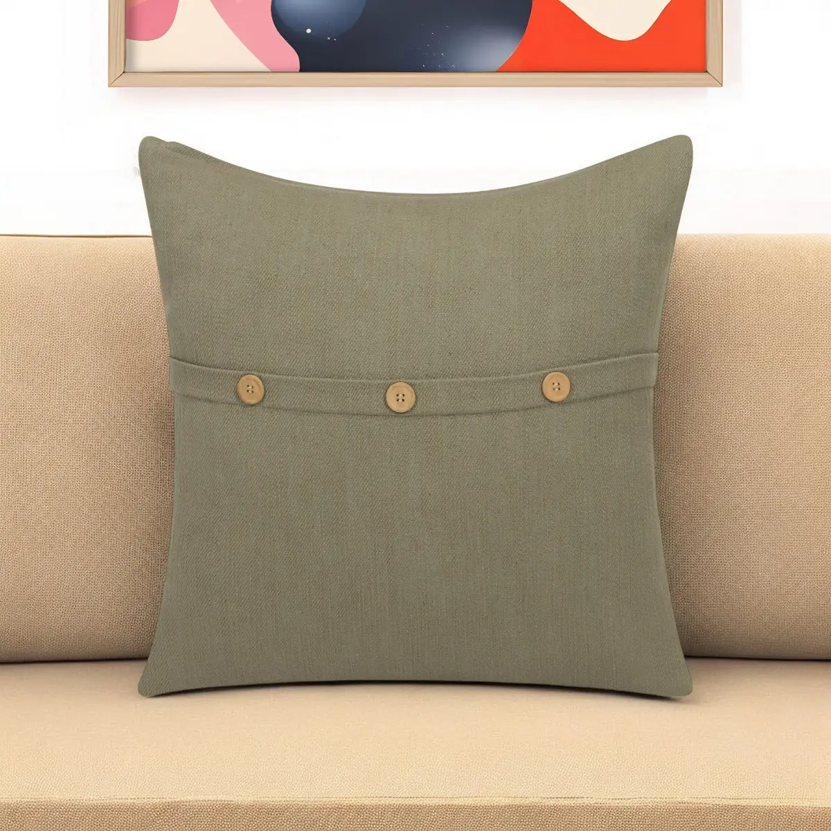 HomeRoots 20x20 in. Hand-Woven 100% Cotton Indoor Throw Pillow - Sage Green, Zipper Closure, Button Accents, Machine Washable, Indoor Use