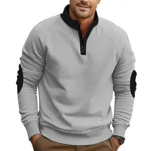 Men’s Loose and Fashionable Casual Plus Velvet Heavy Stand-Collar Pullover Half-Zip Long-Sleeve Sweatshirt, Versatile Color-Blocked Top for Autumn and Winter