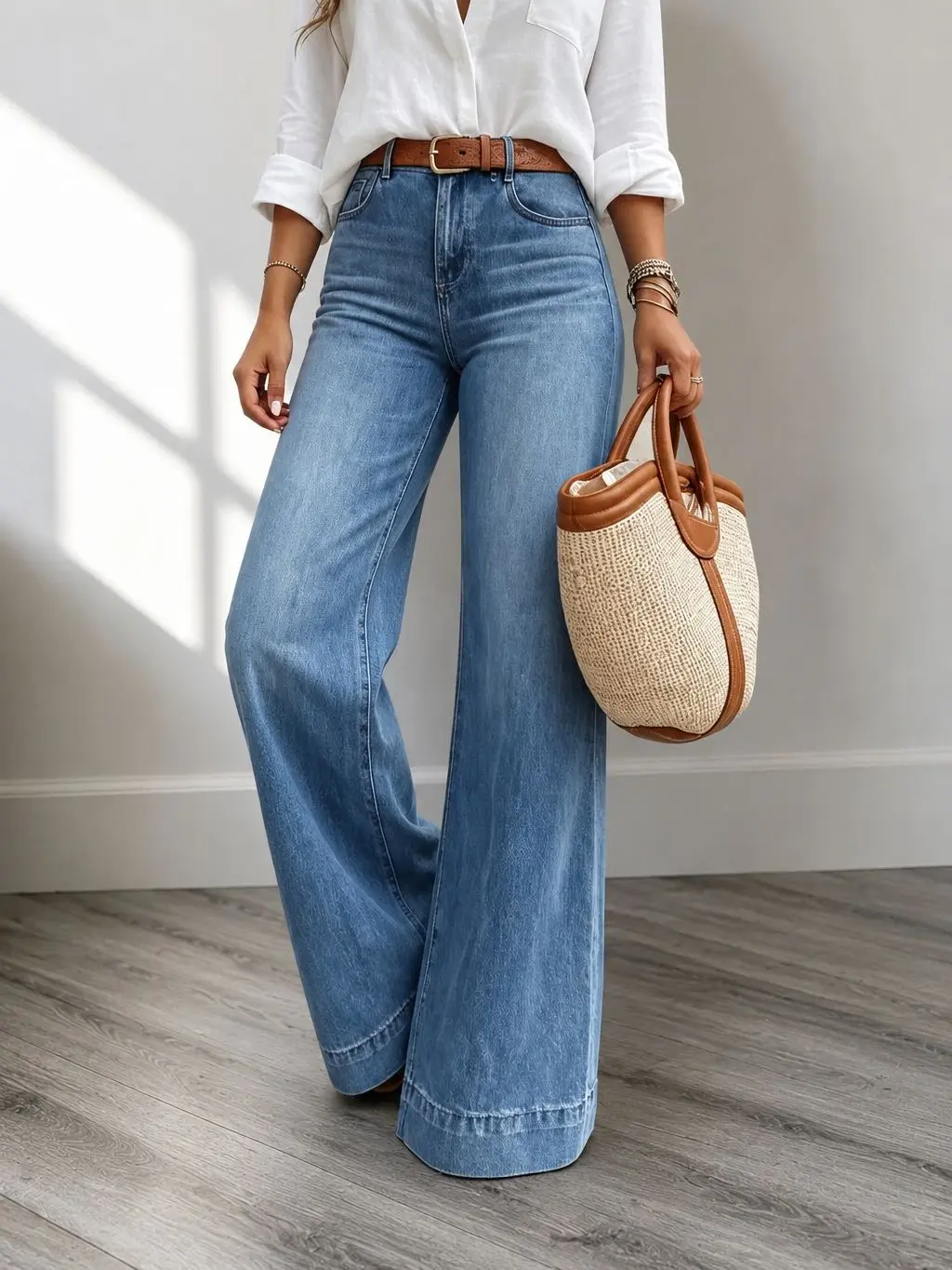 Wide Leg Mid Waist Baggy Stitch Decor Denim Jeans for Women | Washed Pants Without Belt, Wide Leg Jeans for Women, Mid Waist, Denim Fabric