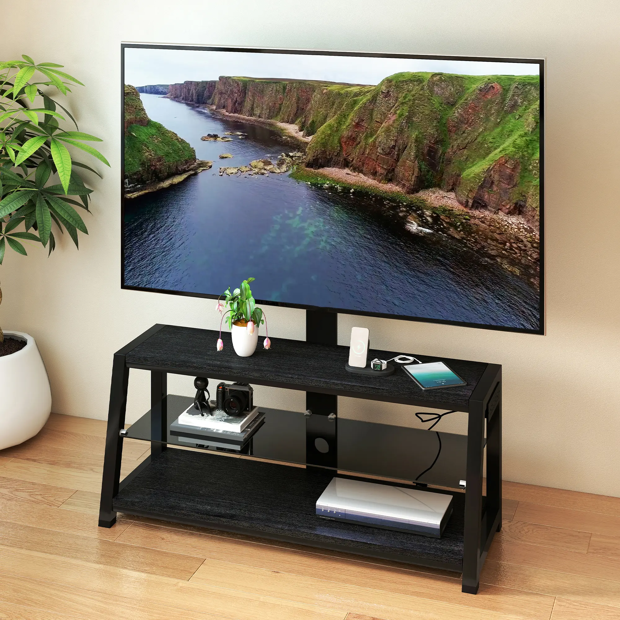 Universal Wooden TV Stand with 3-Tier Storage & Charging, Height Adjustable Swivel Mount for 32-65" TVs, Living Room Entertainment Center, Black Tempered Glass medium console screen minimalist sicota stv songmics cabinet modern mobile cart framed