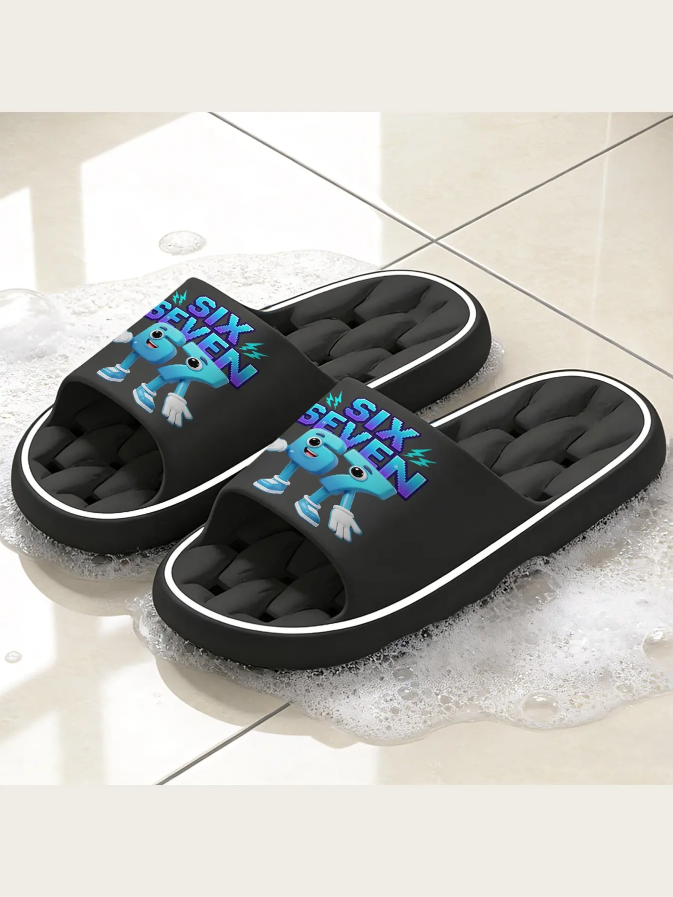 Cool Six Seven Graphic Slippers for Kids Teens, 3D Cartoon Number 6 7 Mascot Print Non Slip House Slides, Comfortable Lightweight Casual Open Toe Indoor Outdoor Home Slippers, Soft Plush Walking Footwear