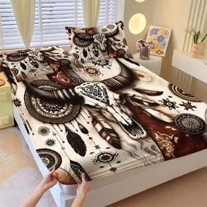 Western Tribal Bull Skull Bed Sheet Set 3 Piece, 1 Fitted Sheet + 2 Pillowcases, Aztec Feather Print Soft Microfiber Bedding Set, Deep Pocket for Farmhouse Bedroom Western Lovers Gift