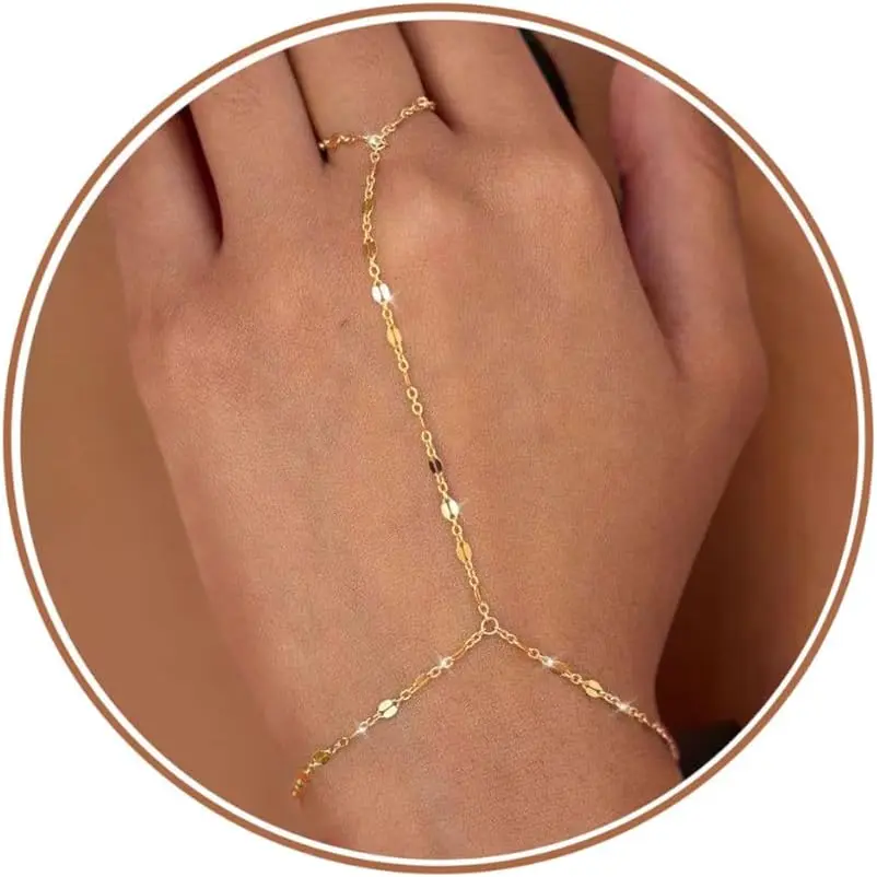 Hand Chain Gold Silver Bracelets for Women 14K Gold plated Hand Chain Bracelet Non Tarnish Satellite Bead Dot CZ Pearl Link Ring Bracelet Trendy Hand Jewelry Gifts for Women Adjustable