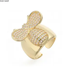 FHSY SHOP 14K Gold Plated Pave CZ Bee Statement Open Ring Chunky Wide Band with Sparkly Honeybee Charm for Women, Everyday Wear & Office Style