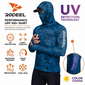 【RODEEL】934 Sun Hoodie Shirts w/ UV Detection Logo Mask Neck Gaiter Thumbhole Men UPF 100+ Sun Protection Long Sleeve Lightweight Quick Dry Moisture Wicking Breathable Cooling Athletic Activewear for Outdoor Fishing Boating Framing Roofing summervibes