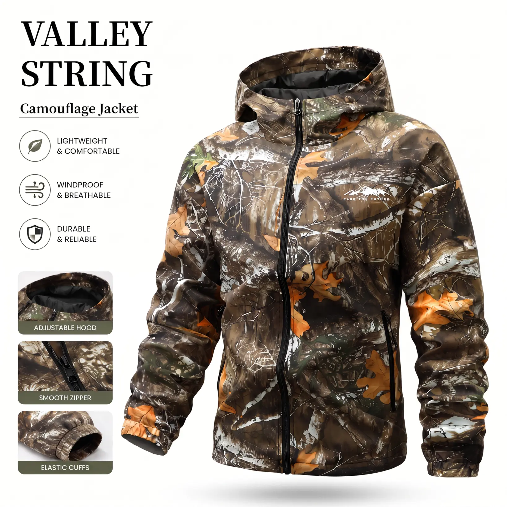 Men’s bio‑camouflage hooded windproof jacket, leaf‑print zip‑up outerwear, lightweight outdoor hunting windbreaker, lightweight zippered hooded windproof jacket, jungle camouflage color scheme