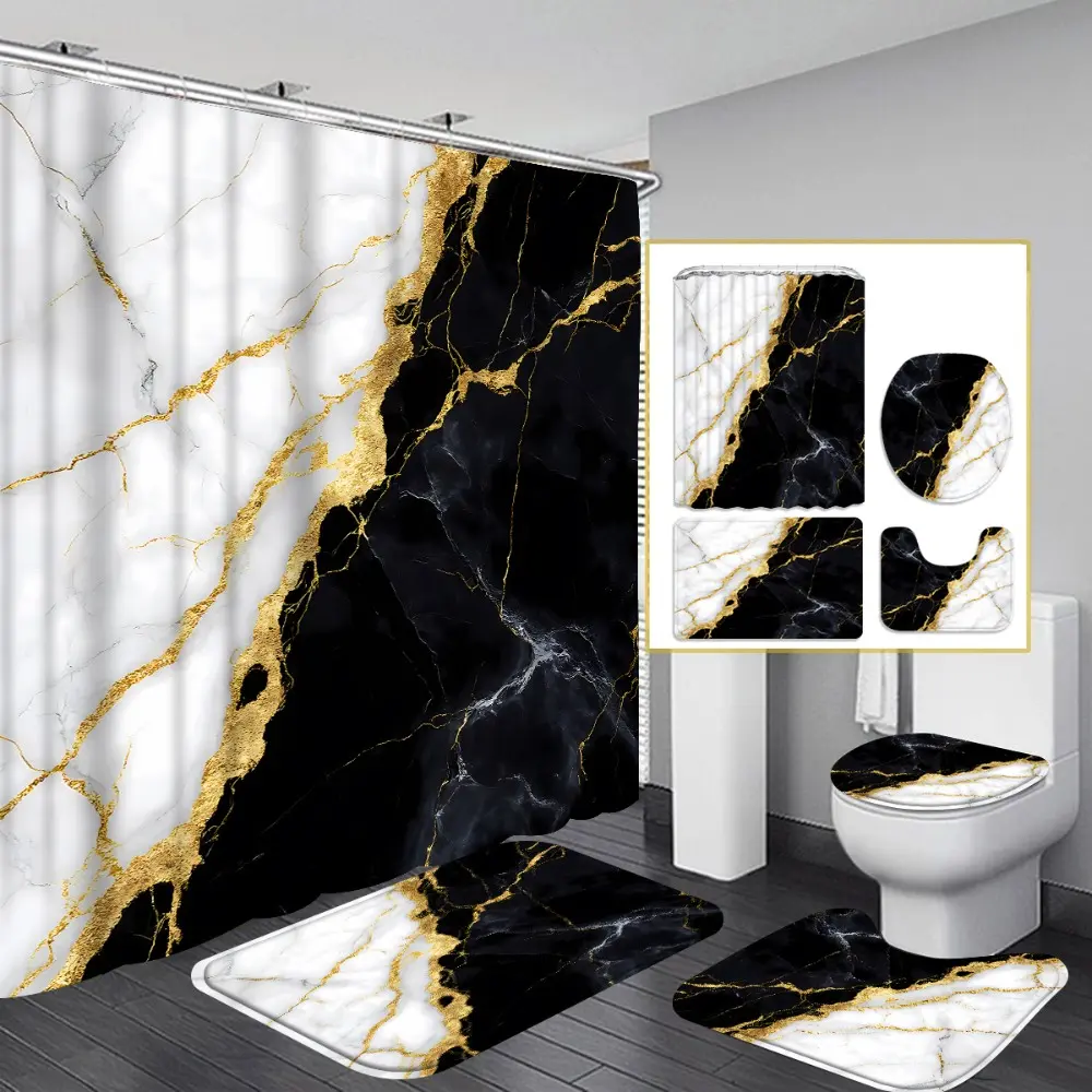 1PC/4PCS 2D Flat Printing Black and White Gold Marble Texture Decorative shower curtain, Aesthetic shower curtain, home bathroom decor, shower curtain set with 12 hooks, non-slip bathroom rug, U-shaped toilet seat cover