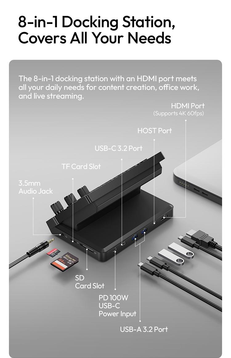 ULANZI D200X Stream Controller with 3 Knobs, 14 Customizable LCD Keys Macro Keyboard, 8-in-1 USB-C Hub Docking Station with 4K HDMI Content Creator Equipment for OBS/Video Editing/Photography/PC