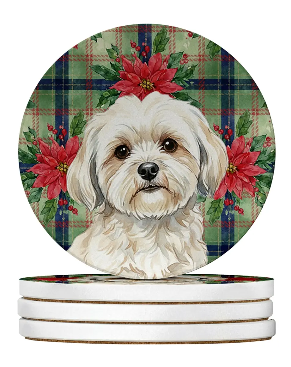 Carolines Treasures WDK8705RCS4 4 x 4 in. White Lhasa Apso Christmas Poinsettias Large Sandstone Coasters, Pack of 4