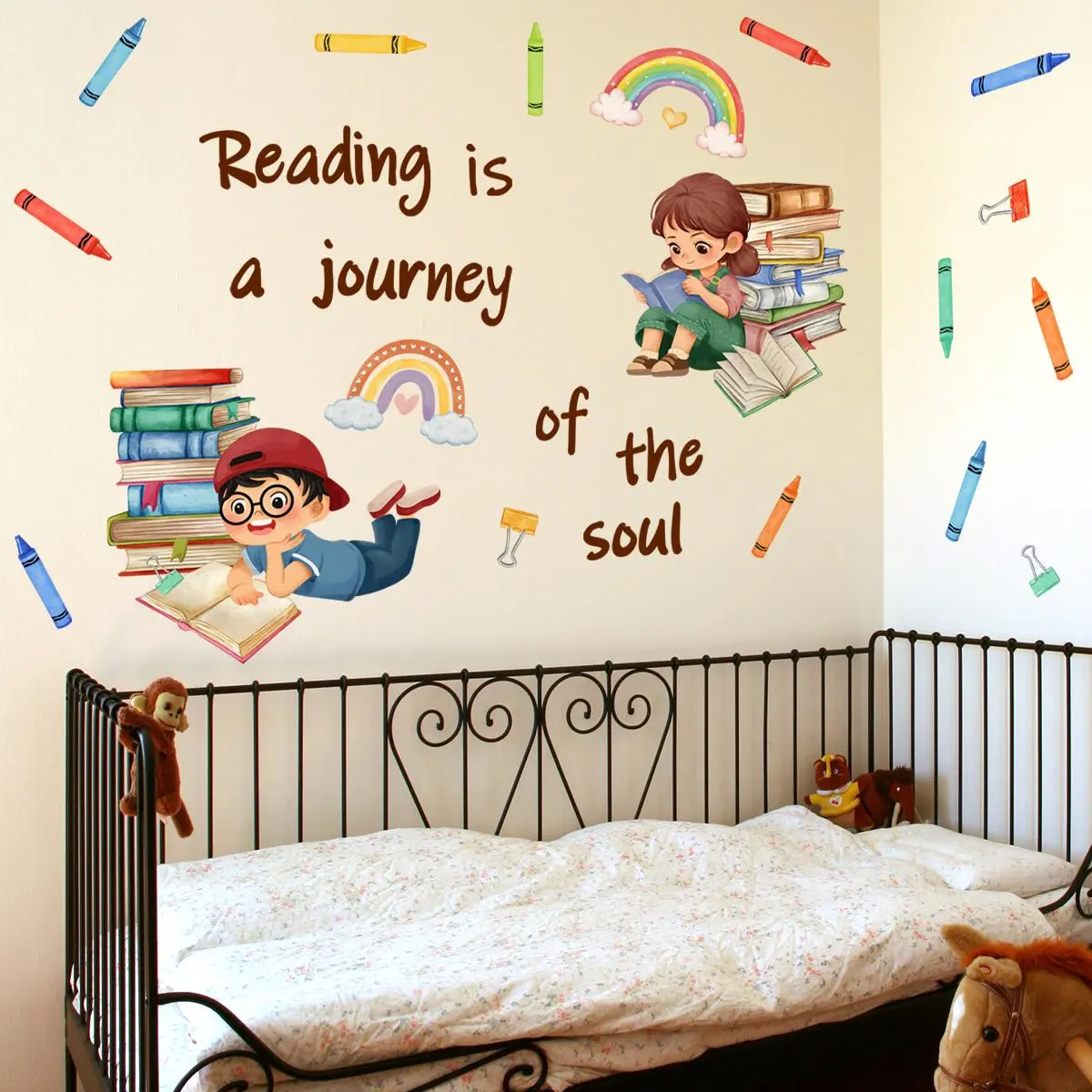 Reading Is A Journey Of The Soul Lettering Wall Sticker, Decorative Wall Sticker, Wall Art Stickers, 4 Counts/set Colorful Book Pattern Wall Decal, Self Adhesive Interior Wall Decor for Home Bedroom Living Room Sticker Decoration