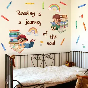Reading Is A Journey Of The Soul Lettering Wall Sticker, Wall Art Stickers, 4 Counts/set Colorful Book Pattern Wall Decal, Self Adhesive Wall Decor for Home Bedroom Living Room Sticker Decoration