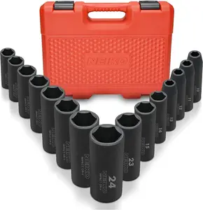 NEIKO 02474A 1/2" Impact Socket Set 15 Piece Metric 10-24mm Deep 6 Point Cr-V Chrome Vanadium for 1/2" Impact Wrench with Laser Etched Sizes