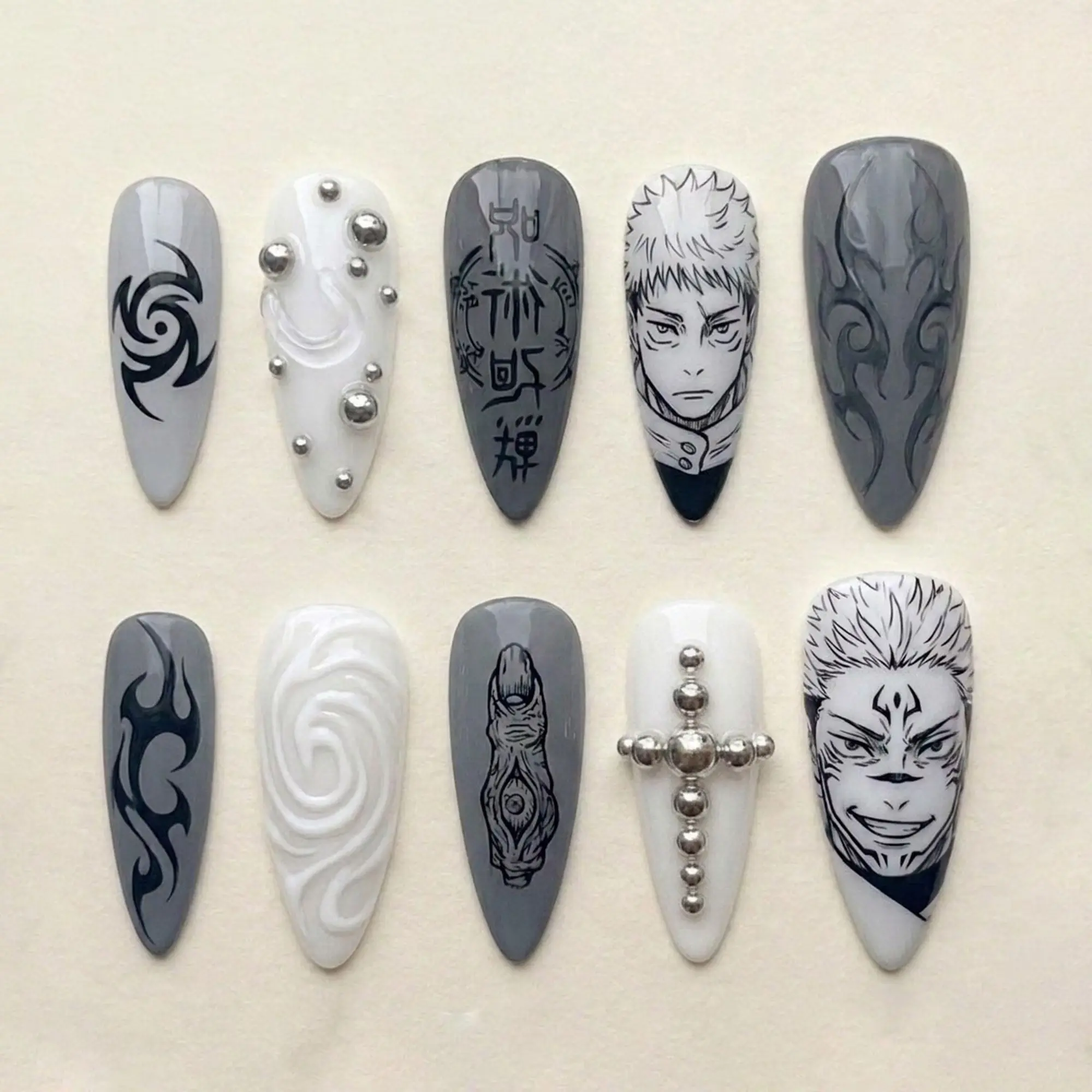 Anime Manga Gothic Press On Nails | Black White Hand Painted Stiletto Nails with Cross, Curse Mark & 3D Chrome Beads | Reusable Fake Nails
