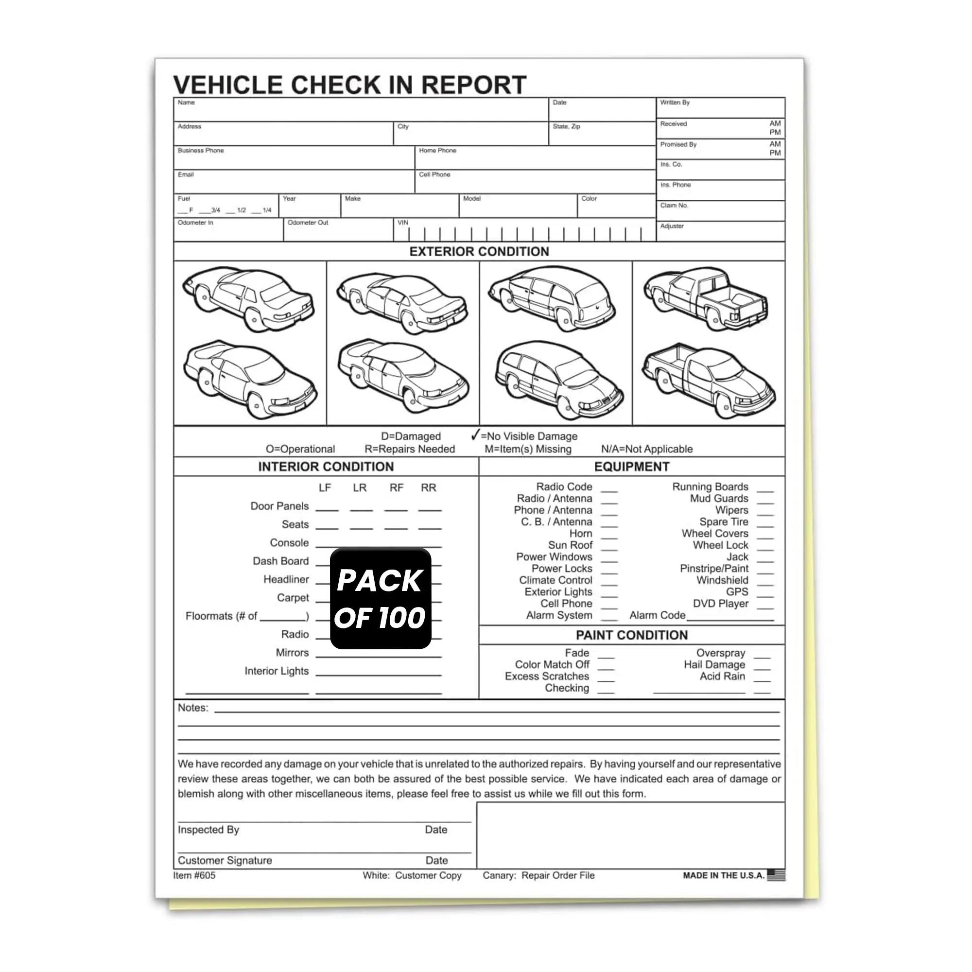 Vehicle Check In Report Forms - 2 Part Carbonless Auto Inspection Form, 8.5 x 11 Car Condition Report Service Intake Sheet Repair Order Forms Dealership Paperwork Pad - Pack of 100