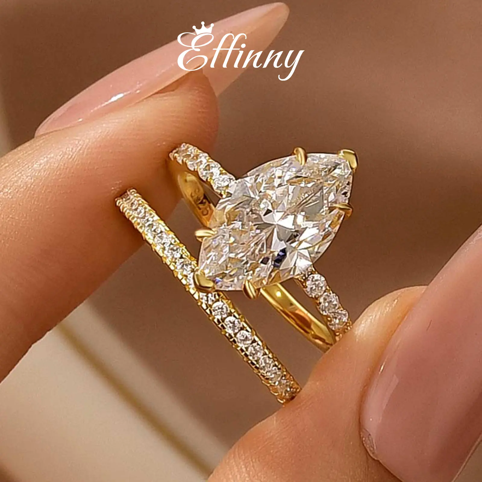 Effinny 925 Sterling Silver 4.0ct Marquise Cut 14K Gold Plated 2PC Wedding Ring Set, 5A Cubic Zirconia Travel-friendly Women's Bridal Set Rings for Daily Wear