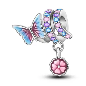 MULA 925 Sterling Silver Butterfly and Floral Charm Beads | Hand Painted Enamel and Sparkling Zirconia | Nature Style Jewelry | Suitable for Pandora Bracelets and Necklaces | Elegant Spring Gift