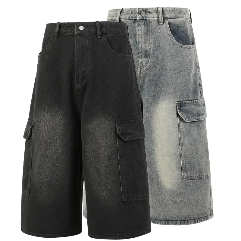 Men’s vintage washed baggy cargo denim bermuda shorts — high waist, button fly, multiple pockets; streetwear, Y2K casual bottoms