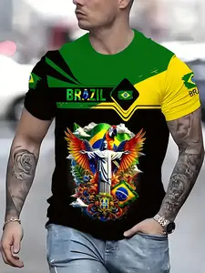 Men's Brazil World Cup Fan Sports Jersey, Casual Summer Breathable Elastic Long Sleeve T-Shirt, Ethnic Pattern Fitted Round Neck Top, Athletic Shirts