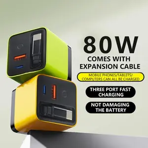 GaN 3 in 1 Charger 80W Retractable Fast Charging Block with Type-C Cable & 2 USB Ports Portable Adapter for iPhone & Smartphones Yellow Foldable Design
