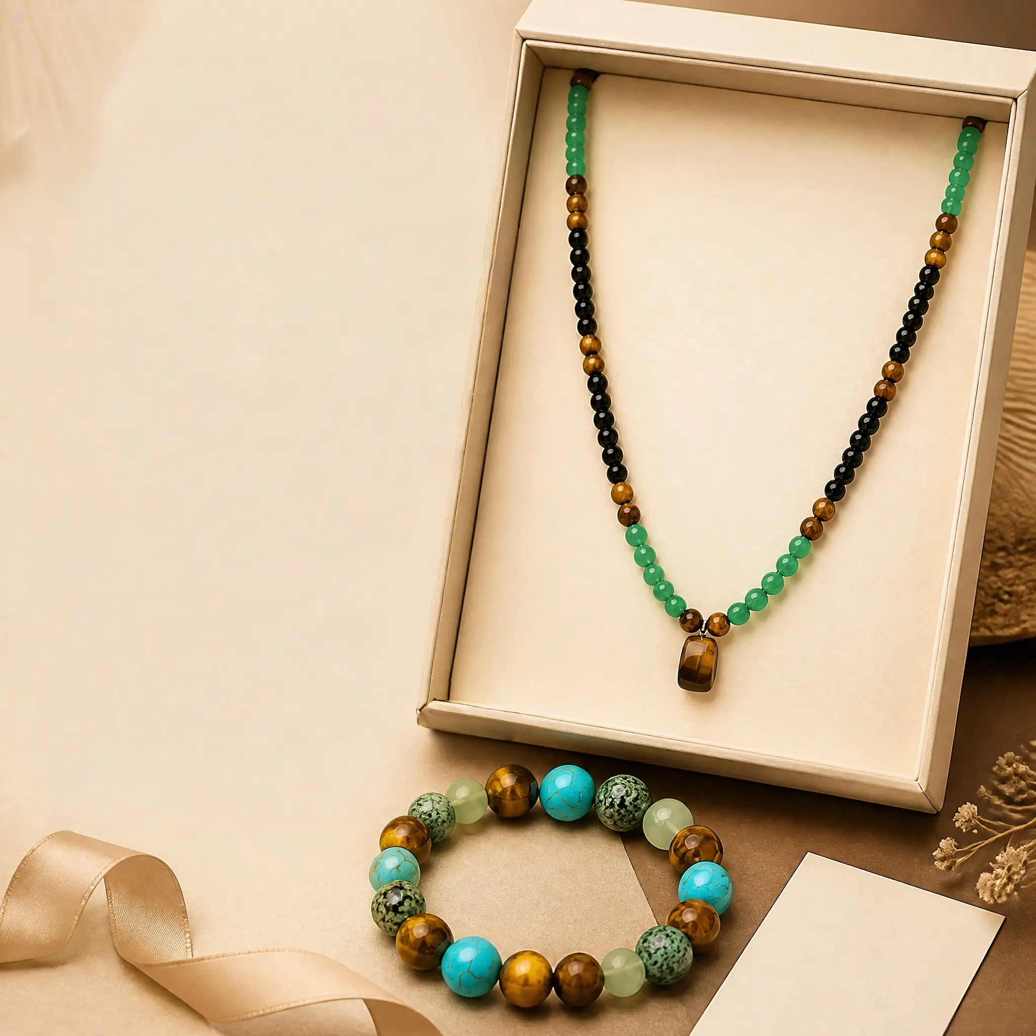 Unisex Natural Turquoise & Tiger Eye Beaded Jewelry Set, 72cm Long Pendant Sweater Necklace and Elastic Stretch Bracelet with 8mm Crystal Beads, Vintage Boho Versatile Accessories for Men & Women, Perfect Gift Set for Yoga, Stress Relief and Holidays