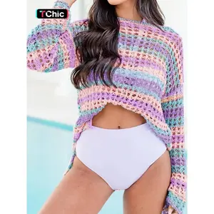 Women's Colorblock Striped Print Sweater, Casual Long Sleeve Round Neck Jumper for Daily Wear, Ladies Knitwear for All Seasons
