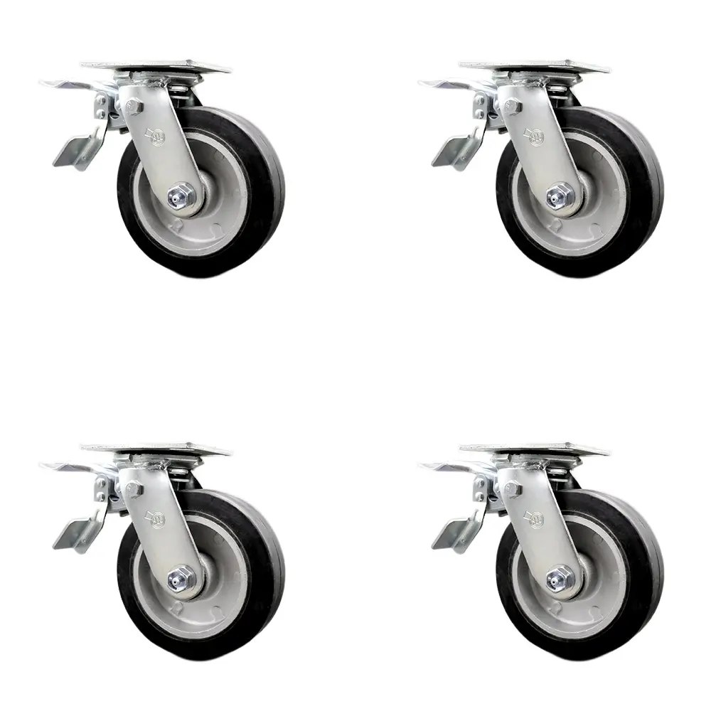 Service Caster SCC-TTL30S620-RAB-4 Heavy-Duty Swivel Rubber-Alum. Casters (Set of 4), 6 in Plate Mount Wheels, Lock Brake, Double Ball Bearing Heat Treated Raceways, 2200 lbs Total Capacity for Shop Carts & Tools, Concrete Use, Commercial Equipment
