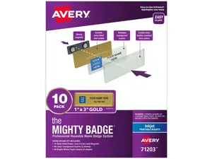 The Mighty Badge, 1x3 Gold, 10 Reusable Name Tags 80 Inkjet Inserts