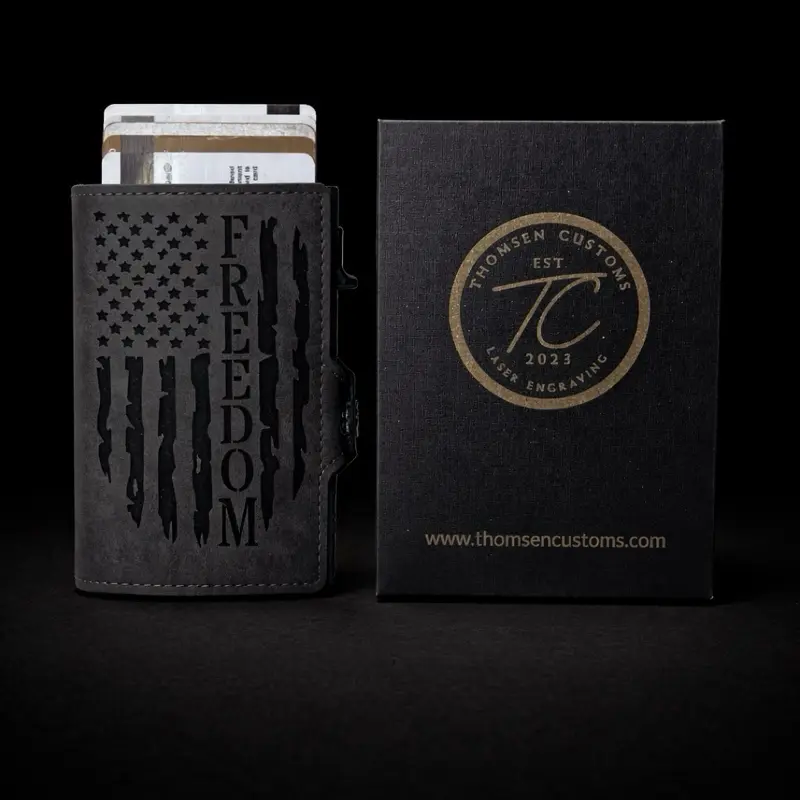 Thomsen Customs Freedom Flag Pop Up Wallet - Custom Engraved Everyday Carry Wallet Holds 6-8 Cards Cash Personalizable Made in Kansas