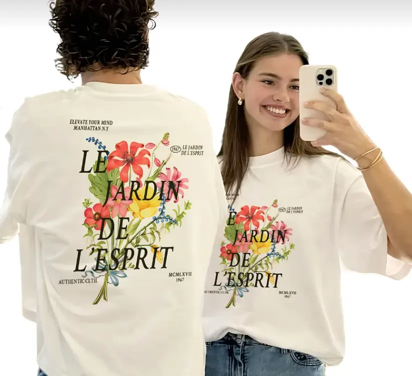 Le Jardin De L'esprit French Graphic T-Shirt - Unisex Heavy Cotton Off-White Floral Tee Top, T-shirts for couples