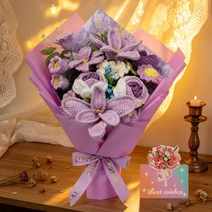 Handmade Yarn Flowers Bouquet, Soft Festive Gift, Includes Roses, Tulips, Lily of the Valley, Perfect Home Decor