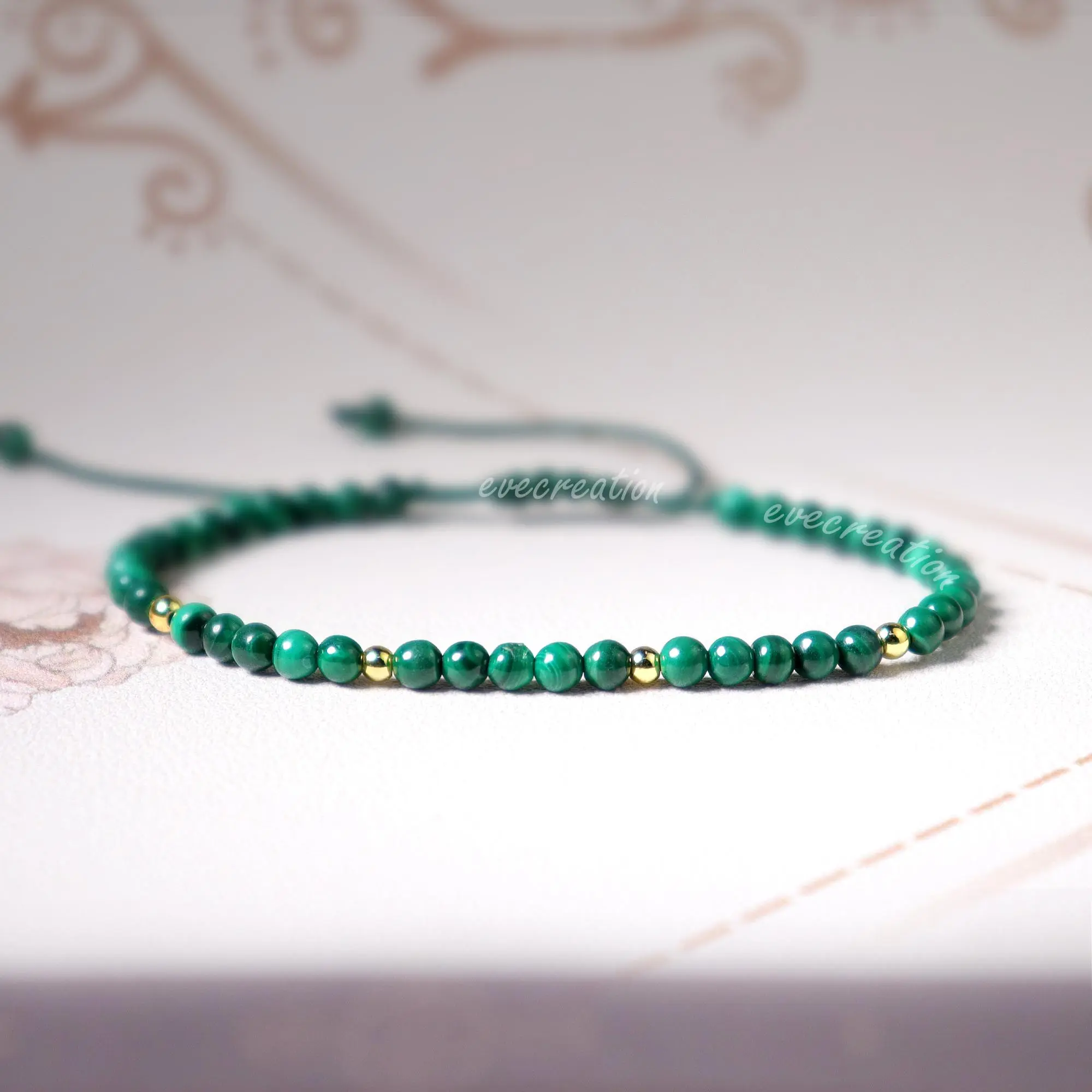 Handmade Tibetan Malachite Healing Bracelet - 4mm Round Beads, Dainty Adjustable Minimalist Jewelry for Women Men, Healing Natural Crystal Bracelets & Anklets, Minimalist Natural Crystal Bracelets & Anklets