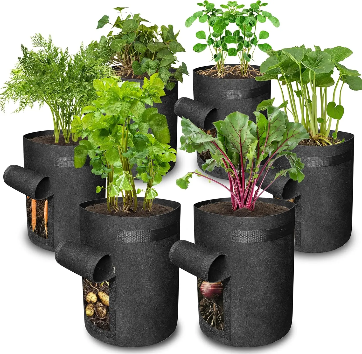 6 Pack  10 Gallon Vegetable Grow Bags with Access Flap and Handles, Suitable for Planting Potato, Taro, Beets, Carrots, Onions, Peanut