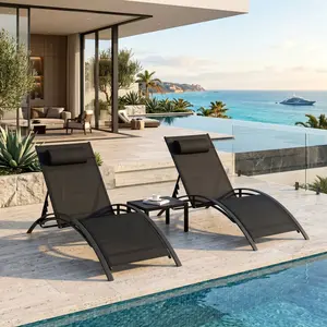 Arlopu 3 pcs Poolchairs Patio Chaise Lounge Set with Headrest, 5-Level Adjustable Sunbathing Tanning Poolside Recliner Chairs with Side Table for Outdoor Beach