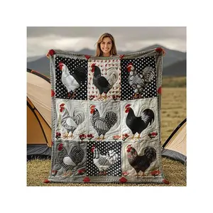 Luxurious Hawaiian Style Chicken Quilt |   All-Season Soft Bedspread With Farmhouse Chicken Design, Black & White Gingham & Red Rooster Patterns, Washable, Flannel Fabric, Contemporary Style Home Decor Or Travel