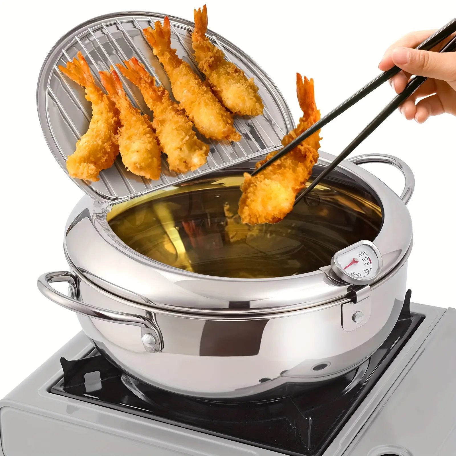 1pc Deep Fryer Pot, Fryer Stainless Steel Frying Pot with Thermometer, Suitable for Kitchen French Fries, Chicken and More, Gas Stove Electromagnetic Stove Universal, Kitchen Cookware,Large Capacity for Party