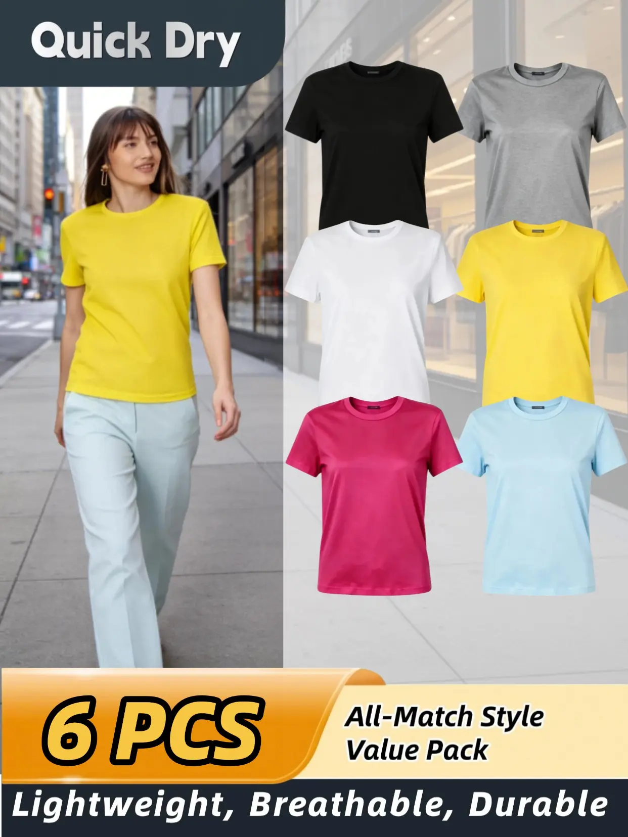 Women's Quick Dry T-Shirt 6 Pack - Seamless Lightweight & Ultra Breathable Workout Shirts, Casual Crewneck Sweatshirt for Gym Yoga Running Daily Wear