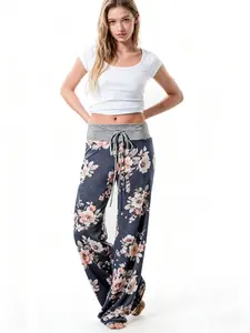 Women's fashionable floral printed pants loose pants wide leg pants home pants comfortable sleeping pants Pajamas