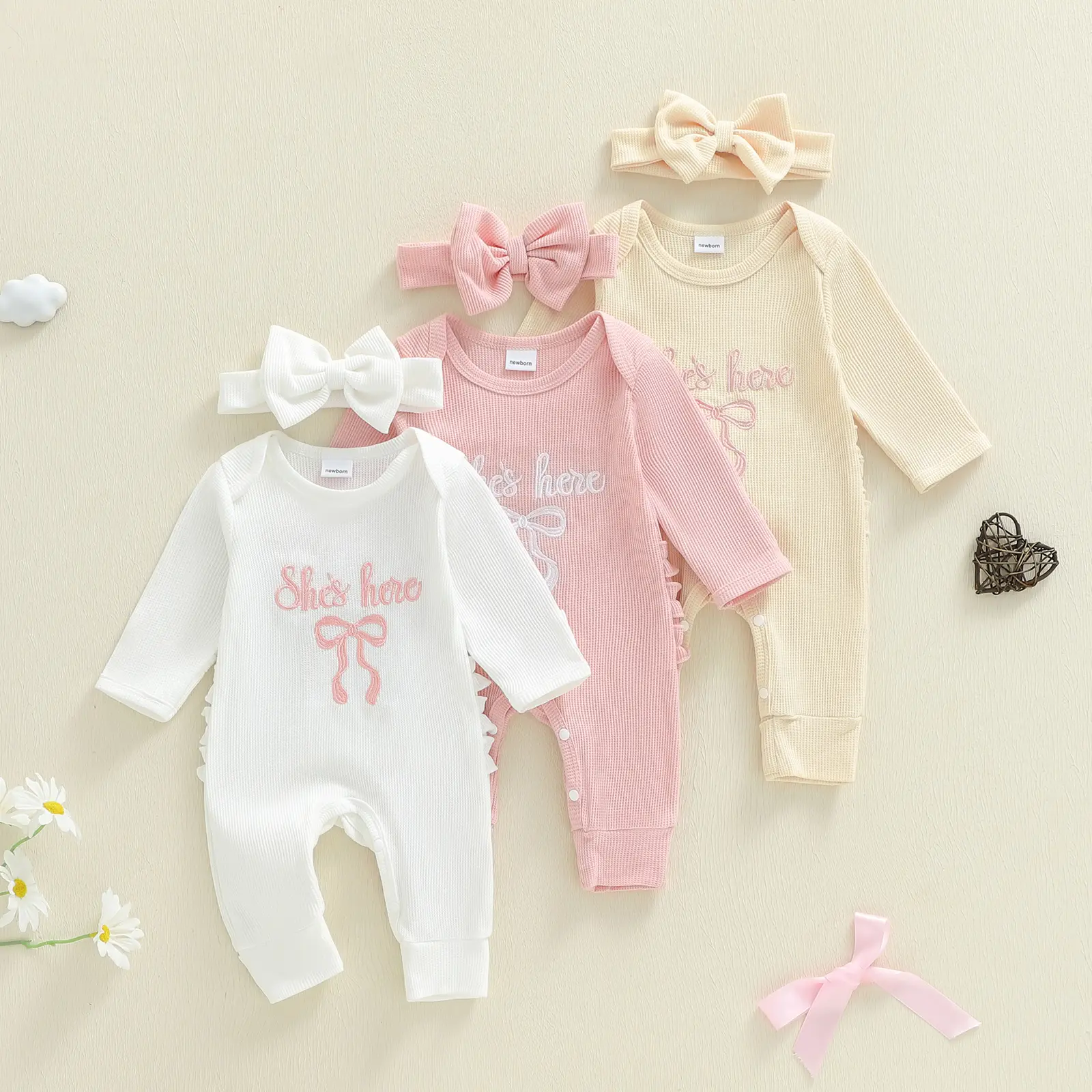 Newborn Baby Girls Rompers Knit Round Neck Long Sleeve Infant Fall Jumpsuits with Headband Coming Home Outfit