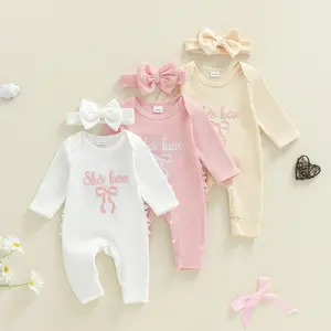 Newborn Infant Baby Girls Fall Romper Bow She's Here Print Waffled Long Sleeve Jumpsuit with Headband 0-6 Months